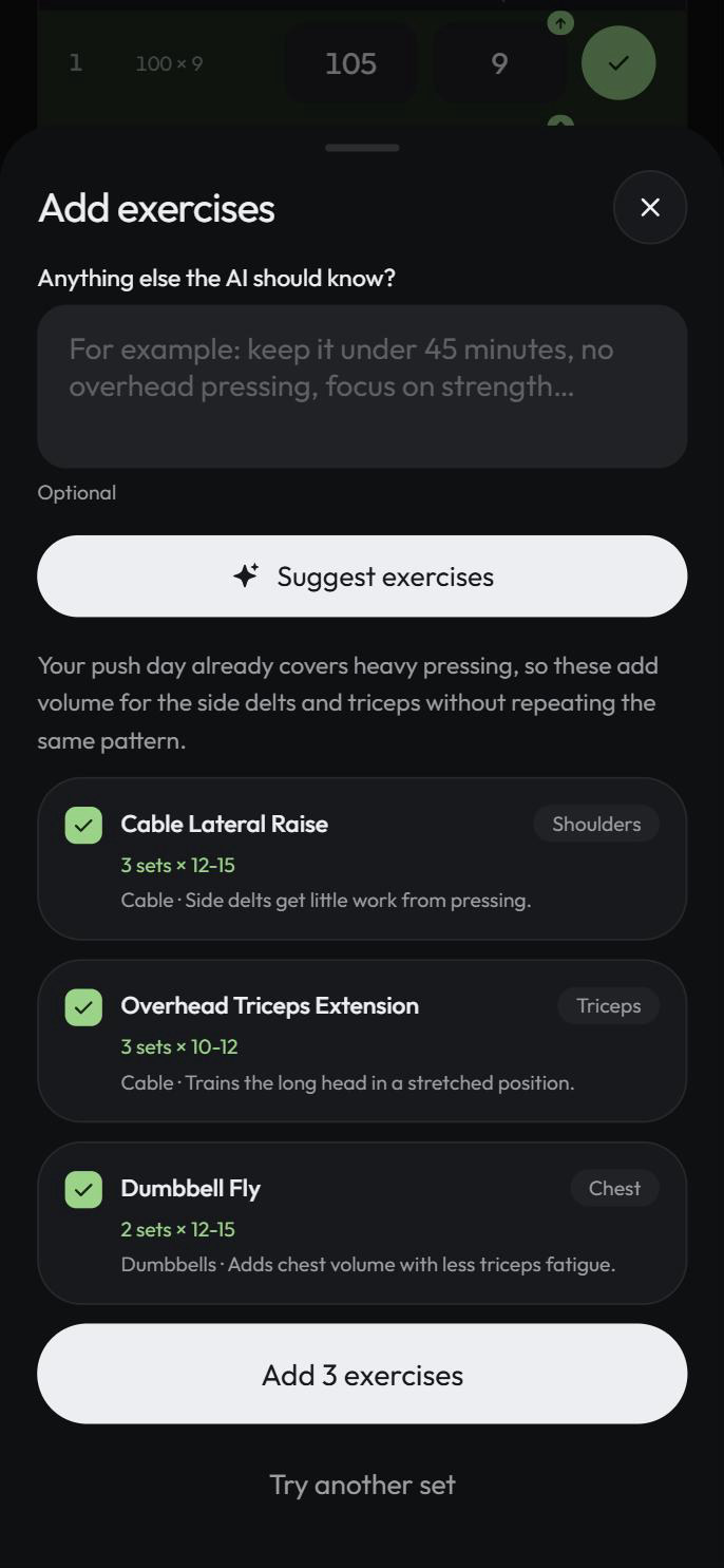 AI exercise suggestions with sets, reps and reasons