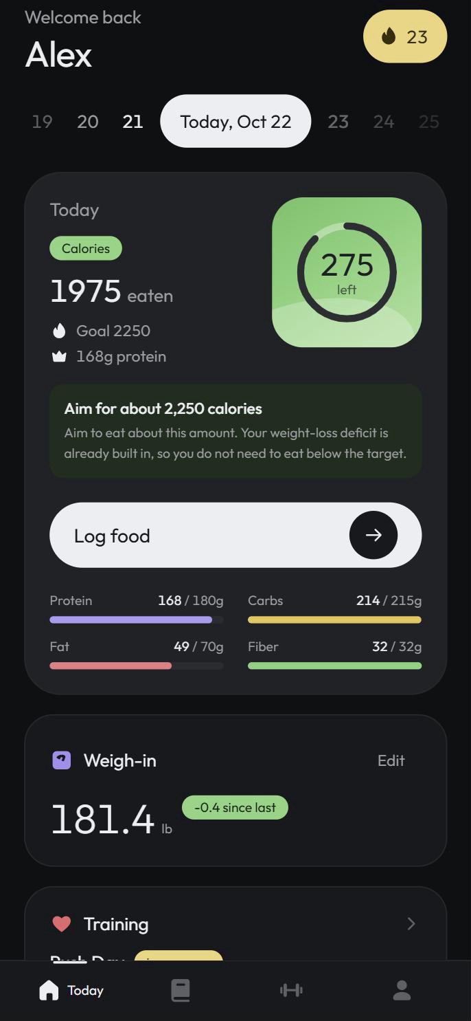Today screen with calories left, macro bars and a weigh-in